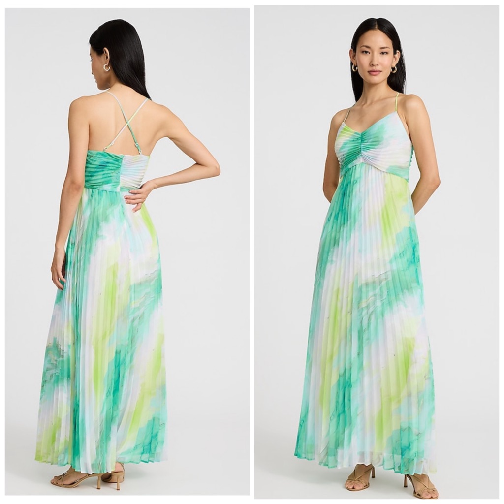 Express Multicolor Printed Pleated V-Neck Sleeveless Maxi Dress